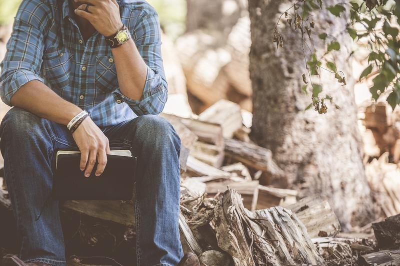 man, book, woods