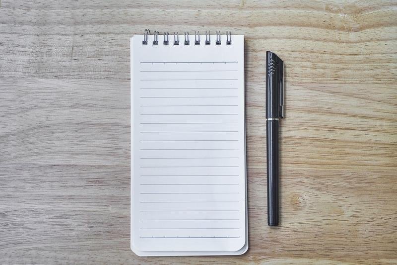 notebook, pen, work