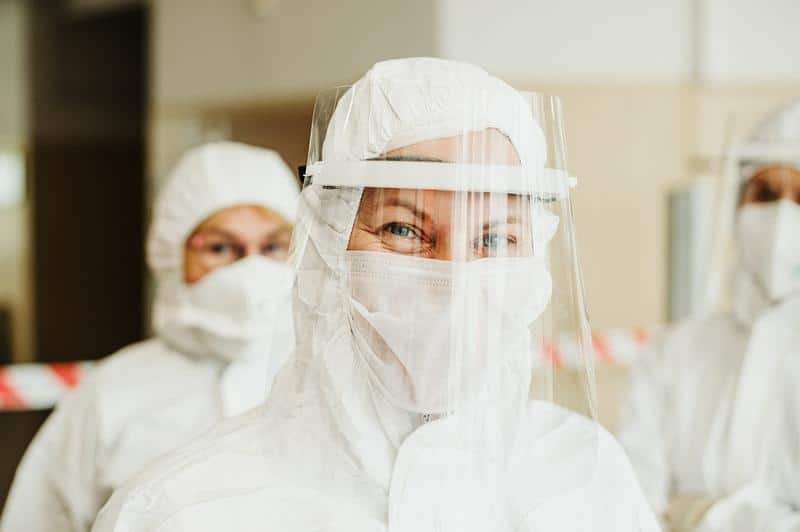 protective suit, face mask, face shield