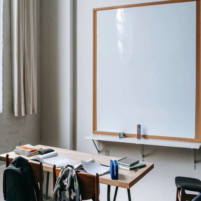 classroom, board, desk