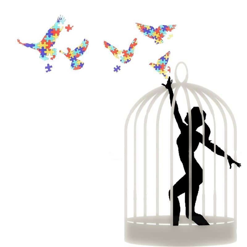 woman, cage, birds