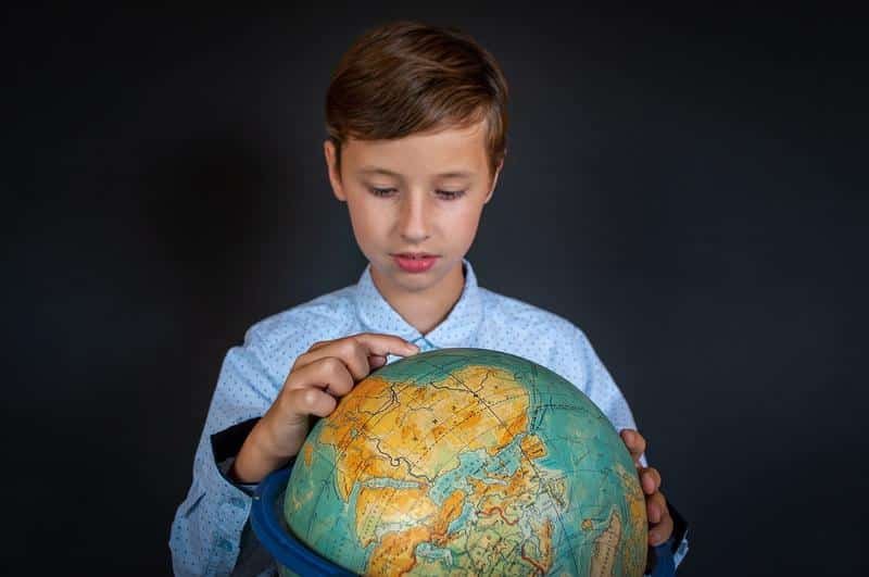 boy, the globe, world map