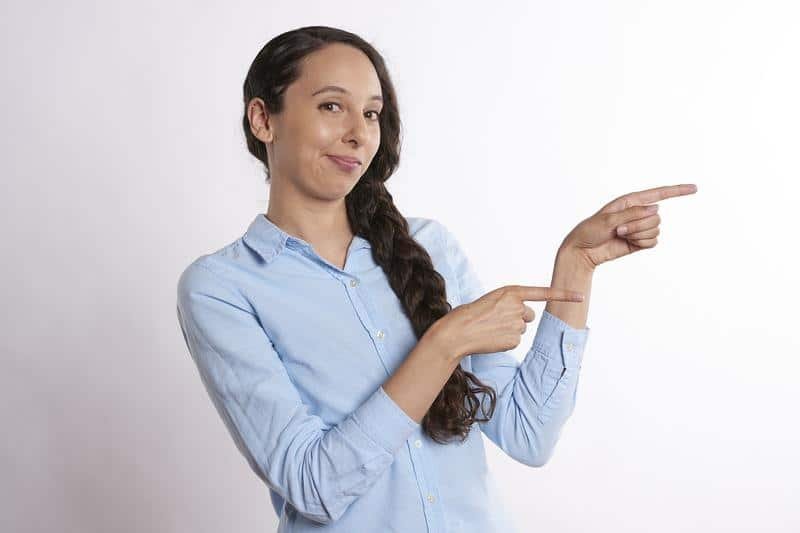 pointing, showing, woman