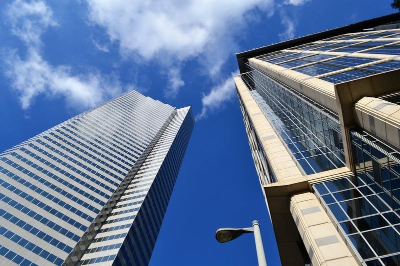 skyscraper, office building, lamp post