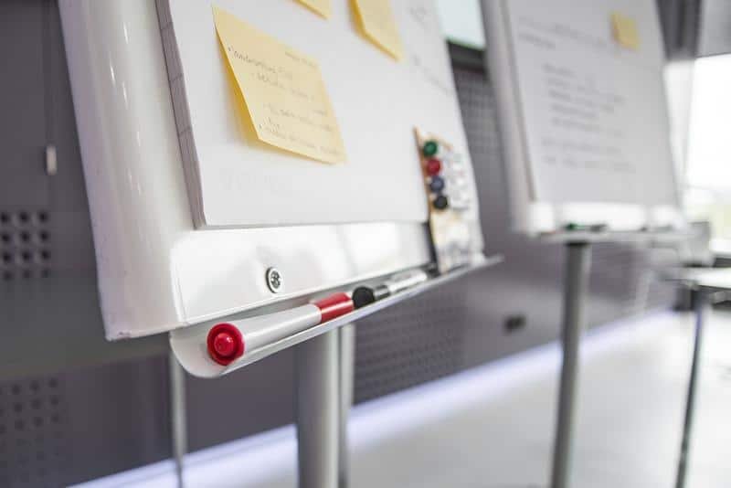 board, pens, sticky notes