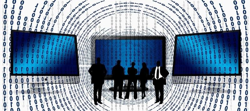 data, computer, business people