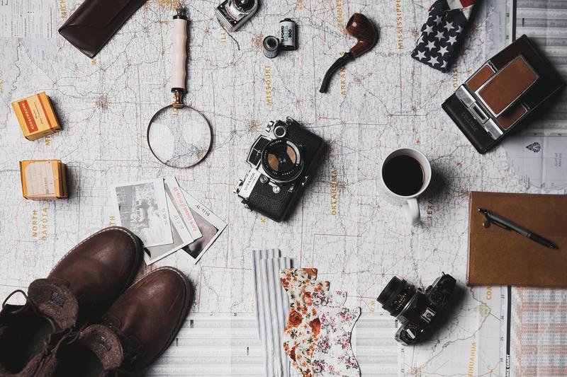map, microscope, coffee