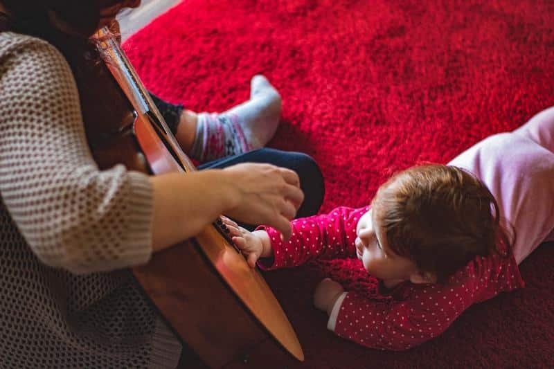 toddler, guitar, mother