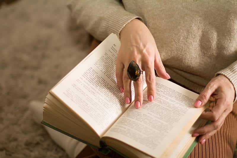 woman, book, christmas tree